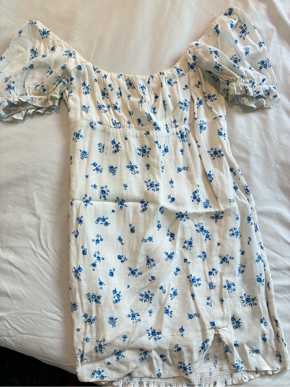 White Floral Off-Shoulder Mini Dress with Blue Flowers